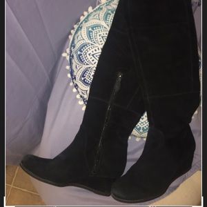 Franco Sarto Knee High Black Suede Wedge Boots